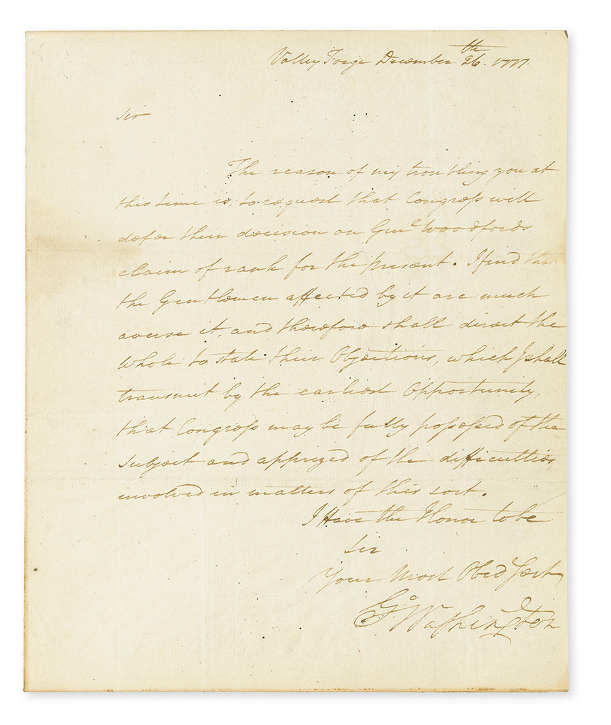 (AMERICAN REVOLUTION.) GEORGE WASHINGTON. Letter Signed, G:Washington, as Commander-in-Chief, to the President of Congress Henry Laur